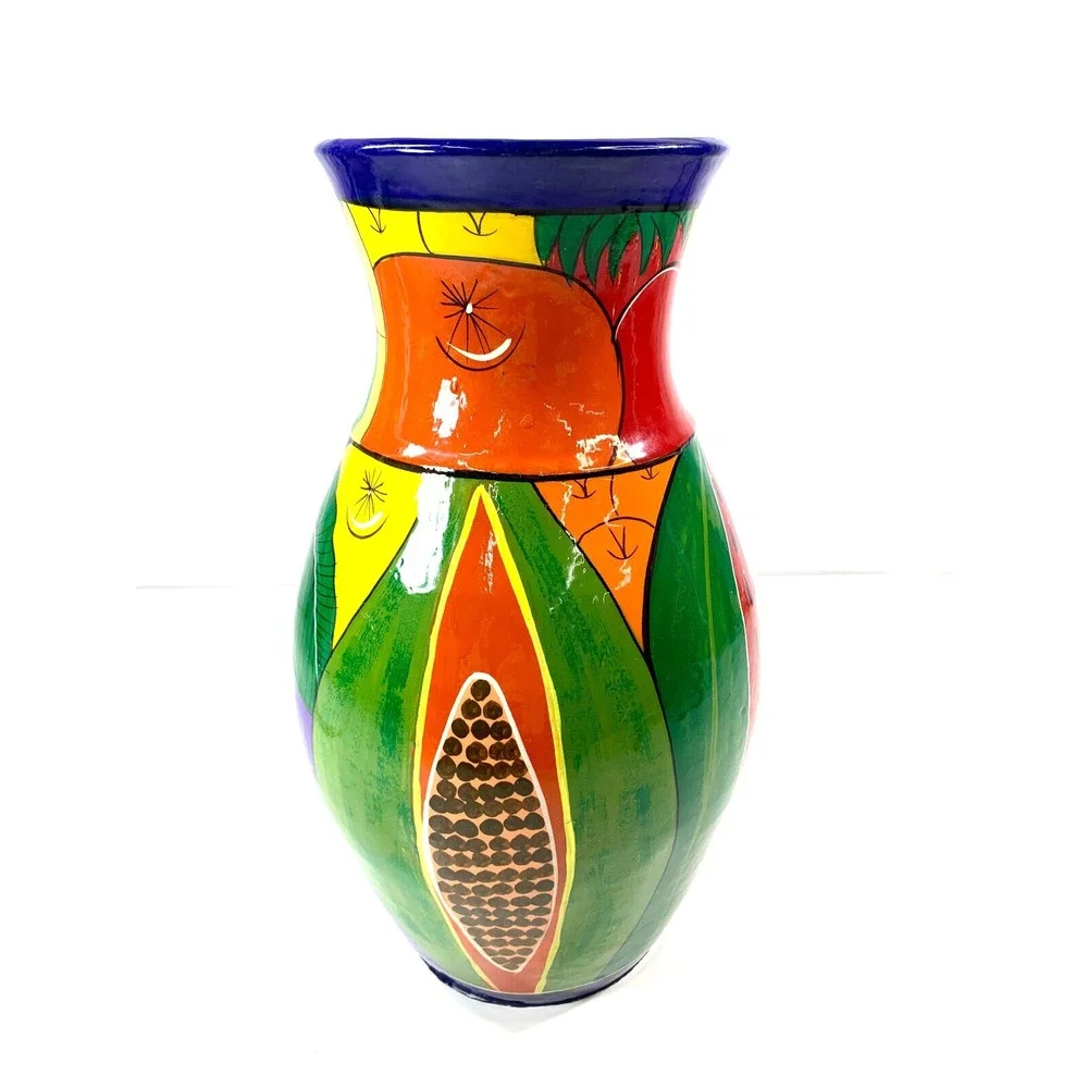 Hand Painted Mexican Pottery Vase  Folk Art Fruit Design Multi - Tropical Color‎